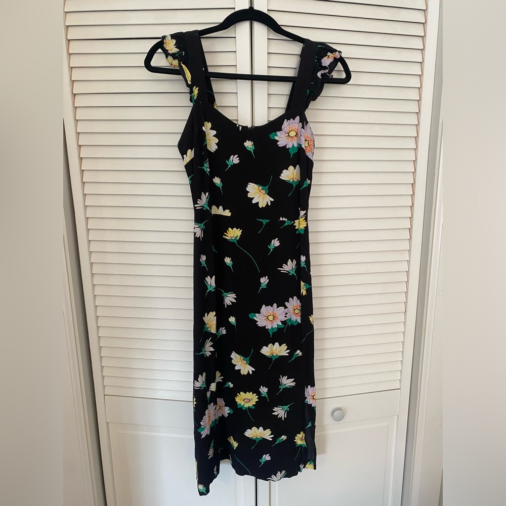 Loft midi dress, black floral, size 2 petite